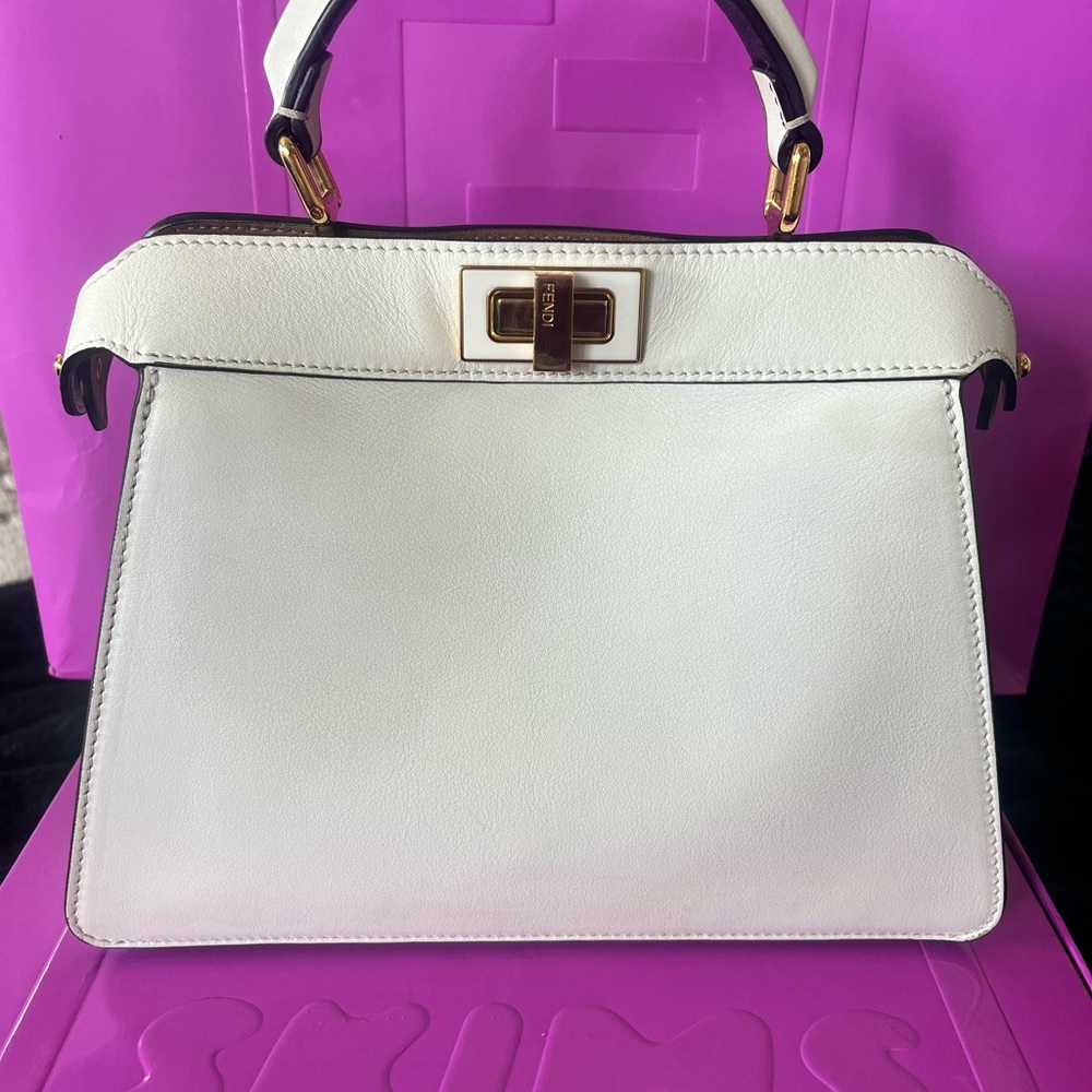 Fendi Peekaboo ISeeU Small | White & Tan Nappa Leather Bicolor Like New Full Set